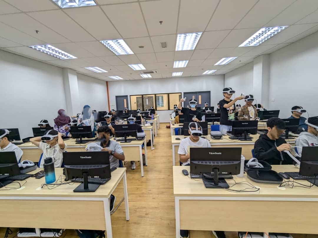 Learners using VR headsets in a classroom